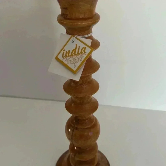 Wooden tall candle holder from India with a Martha Stewart lighted candle - Picture 2 of 5